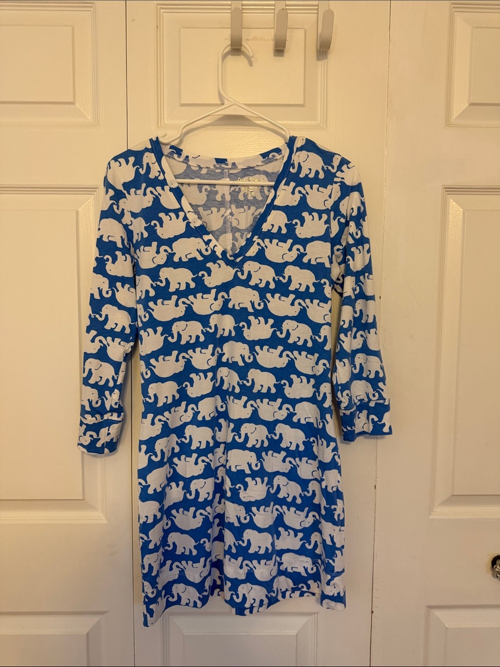 Blue and White Elephant Print Dress - V-Neck